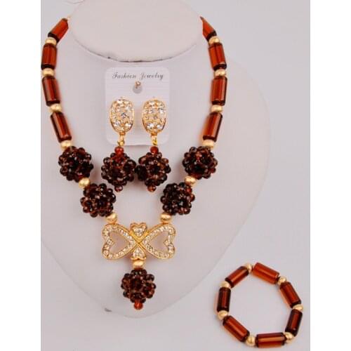 Fashionable Brown Nigerian Jewelry African Wedding Beads Crystal Necklace Set for Women SZ-Q2-08