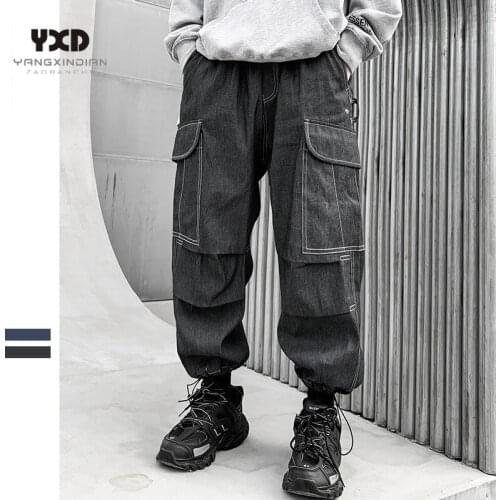 Mens Clothing Men Streetwear 2021 Casual Hit Color Line Cargo Jeans For Man Harajuku Joggers Pants Male Cotton Denim Trousers