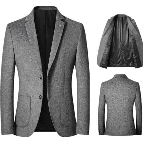 Men Autumn Winter Wool Woolen Blazer Woolen Suit Coat Male Suit Collar Outwear Size M-4XL