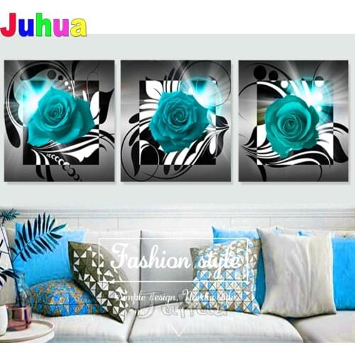 Paste Art Crafts Flowers Diamond Painting Full Round Square 5D DIY Diamond embroidery triptych Blue Rose Home Decoration