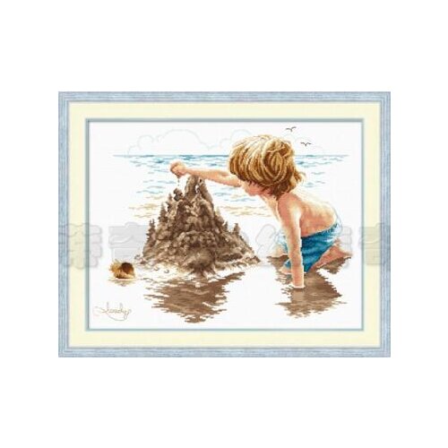 14/16/18/25/22 COLOR AIDA Beautiful Counted Cross Stitch Kit Sandcastle Boy Child at Seaside Sand Shore dome