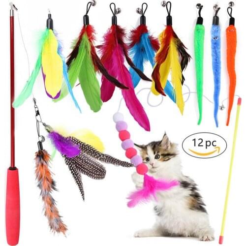 12 PCS Replacement Cat Feather Toy Set Cat Feather Teaser Wand Toy For Kitten Cat Funny Cat Feather Telescopic Bell Cat Toy