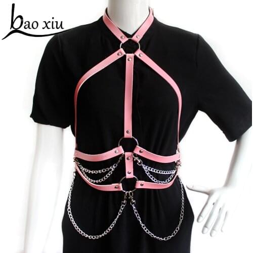 New Sexy Suspenders Leather Belts for Women Harajuku Goth Adjustable Bondage Holographic Metal Tassel Chain Harness Corset Belt