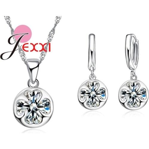 New Arrival 925 Sterling Silver Four Leaves Pendent Necklace Earrings Jewelry Sets With Shiny CZ Charming Women Christmas