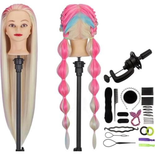 24'' Hairdressing Rainbow Pink Hair Cosmetology Mannequin Head Hairstyles Braiding Synthetic Training Doll Manikin Heads