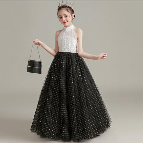 Flower Girl Dresses Princess Lace Sequined Luxury Black Ball Gown Floor-Length High Tulle Pearls Sleeveless Kid Party Skirt H032