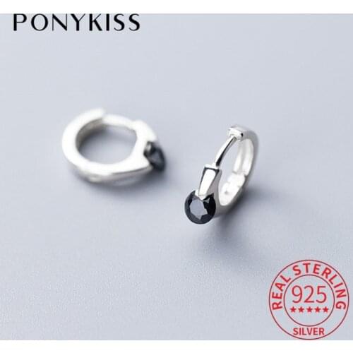 PONYKISS Trendy 100% 925 Sterling Silver Simple Zircon Geometric Hoop Earrings Fashion Minimalist Earrings Accessory Chic Gift