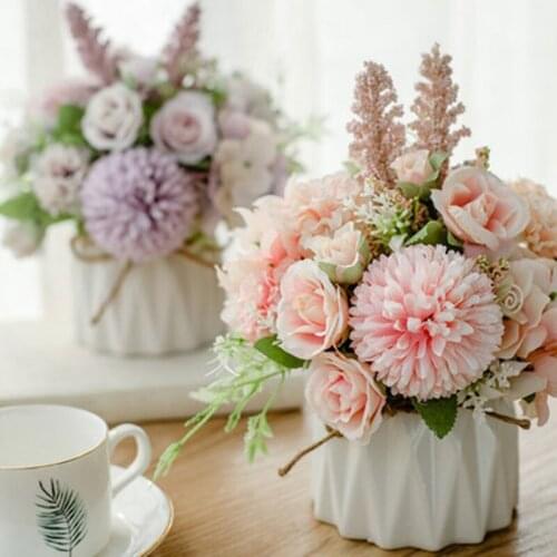 Nordic simulation flower set ceramic hemp rope vase rose simulation plant potted home decoration