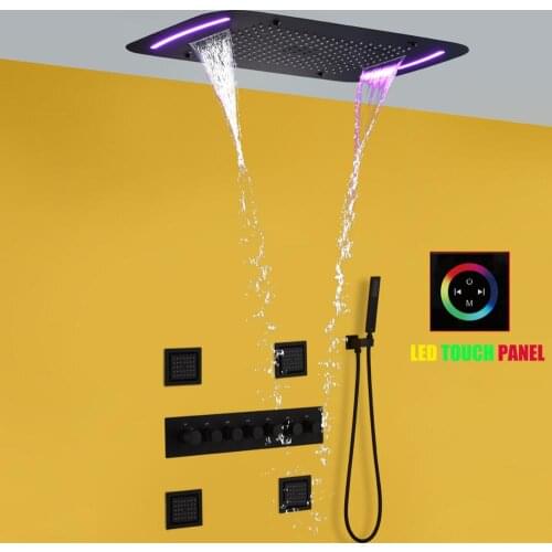 Thermostatic Bathroom Shower Faucet Set Waterfall Bath Mixer Panel Ceiling LED Rainfall Shower Head 71X43 CM Bath System