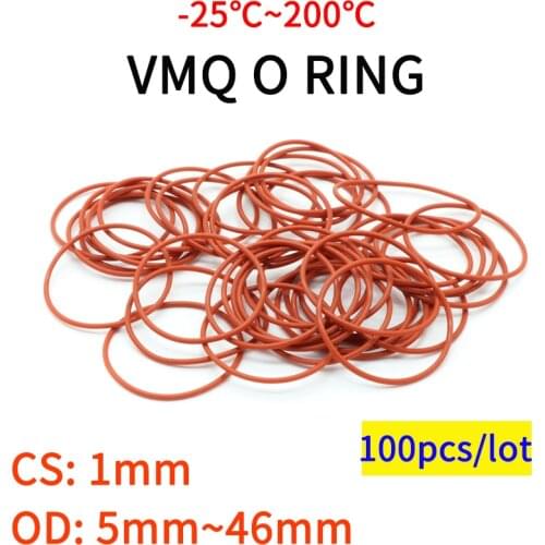 100pcs VMQ O Ring Seal Gasket Thickness CS 1mm OD 5 ~ 46mm Silicone Rubber Insulated Waterproof Washer Round Shape Nontoxi Red