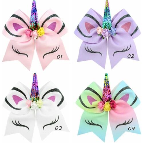 7" Glitter Unicorn Hair Bows With Horn joojo Bows for Girls Sequin Flower Hair Clip School Kids Party Hairgrips Hair Accessories