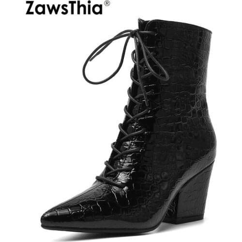 ZawsThia 2020 winter new patent PU leather snake pattern woman ankle boots lace up chunky high heels martin boots size 41 42 43