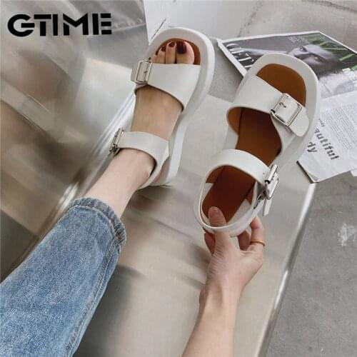 Woman Sandals Flat Shoes 2021 New Fashion Sandals Summer Round Toe Mid Heel Black White Buckle Basic Size 35-40#SJPAE-104