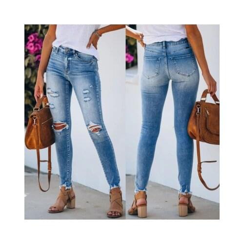 Zoulv 2021 Slim Stretch Ripped Hole Pencil Pants Ladies Casual Plus Size Jeans Women Fashion Washed Denim Jeans