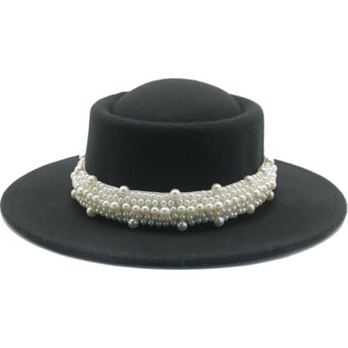 Women hats round top pearl band formal spring men women felted hats jazz church wedding solid classic belt black fedora hats new