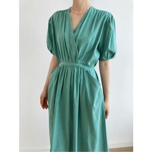 New Cotton Linen Fabric Women Green Dress Puff Sleeves V-Neck Good Quality Vintage Lady Long Dresses Vestidos