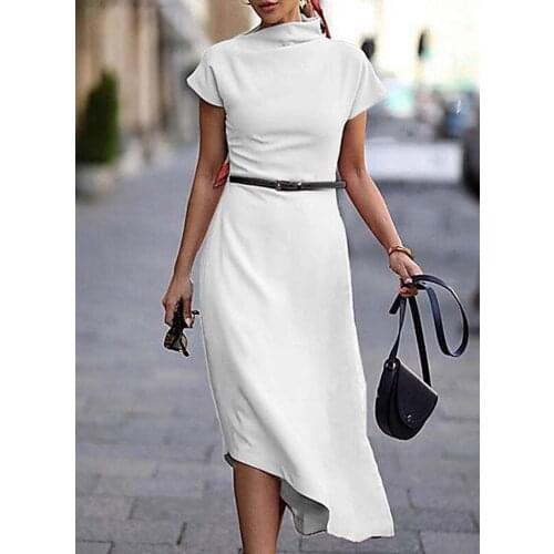 Women 2021 Hight Neck Short Sleeve Work Office Dress Robe Longue With Belt Women Clothing 2021 Elgant Summer Solid Color Dress