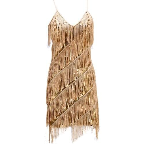 AECU Womens Dress 2021 Sexy Sequin Tassel Bandage Dress Nightclub Party Mini Dress V Neck Banquet Party Dress Vestidos