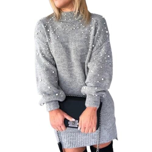 Autumn Women Sweaters Dresses Faux Pearl Decor Knitted Pullover Half Turtleneck Winter Elastic Cuff Sweater Party Vestidos