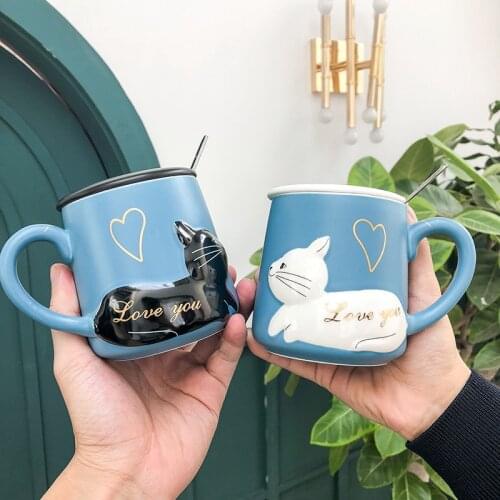3D Relief Cat Coffee Mug with Lid and Spoon Love Kitty Ceramic Water Tea Cup Wedding Gift Blue and Black 400ml