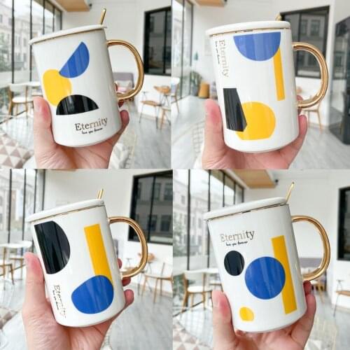400ML Nordic Style Couple Mug With Lid And Spoon Ceramic Mug With Gold Handle Tea Coffee Gift cup