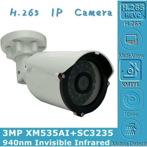 940nm Invisible Infrared Light 3MP H.265 IP Bullet Camera 24 LEDs XM535AI+SC3235 2304*1296 NightVision Onvif CMS XMEYE IRC P2P