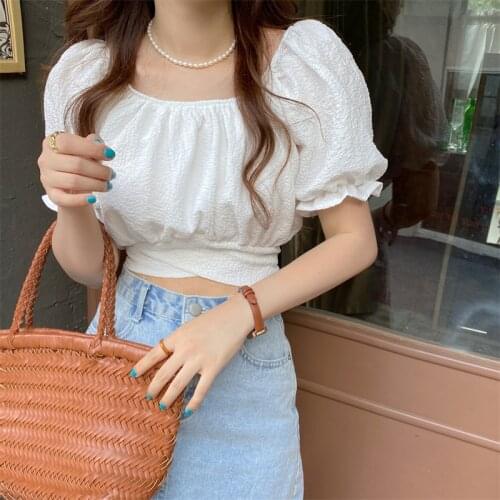 Blouse Women Temperament White Bandage Short-sleeved Shirt Female Design Sense Niche Summer New Korean Style Slim Top