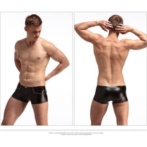 Men sexy PU Faux Leather boxers trunk Black gay performance Boxer shorts latex underwear High quality gay wear