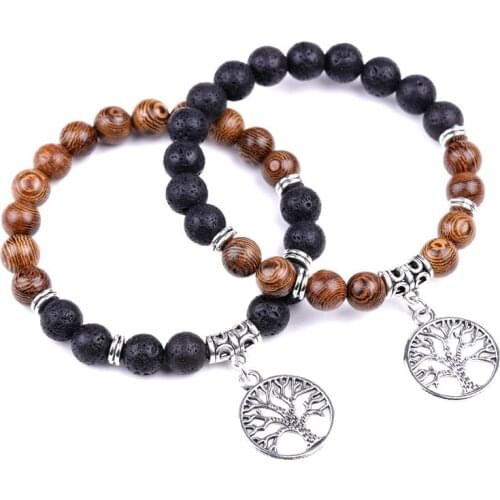 Natural Volcanic rock Stone Beaded Bracelet Ancient Life Tree tassel Chicken Wings Wood Beads Jewelry Women Men Bracelets