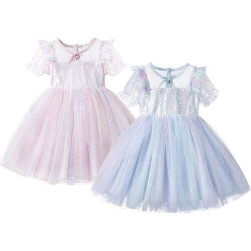Kids Princess Dress Sequins Gauze Splicing O-Neck Short Bubble Sleeves Skirt with Back Zipper for Girls Sweet Summer 2-7 Years