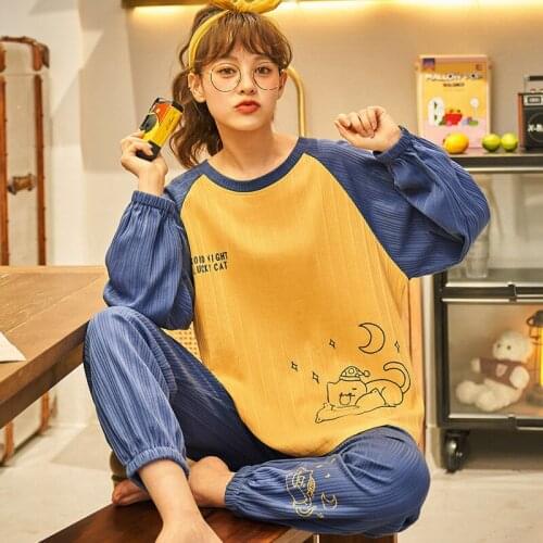 Cotton Cartoon Womens Pajamas Set Nightwear Long Sleeve Trousers Home Suit Fashion Lounge Wear Mujer Girls Sleepwear Pijama