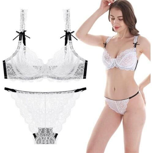 New Sexy Ultra-Thin Transparent Bra Sets ABCDE Cup Womens Underwear Floral Brassiere Thong Unlined Push Up Lace Lingerie