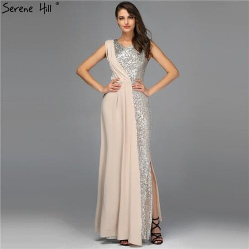 Contrast Color V-Neck Sequined Sexy Evening Dresses 2020 Sleeveless Mermaid Sequin Evening Gowns Real Photo QA8031