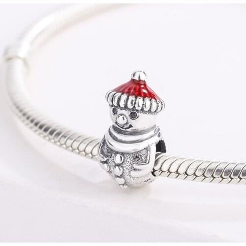 Fashion 925 Sterling Silver Red Enamel Snowman And Santa Hat Pendant Charm Bracelet DIY Jewelry Making For Pandora