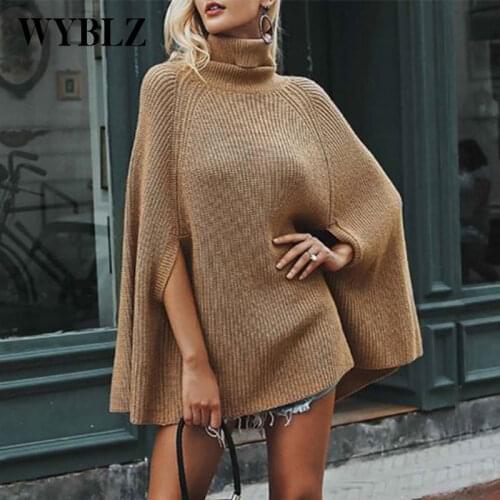 Fashion Womens Sweater Turtleneck Loose Shawl Knitted Sweater Autumn Winter 2021 New Casual Solid Color Cloak Chic Pullovers