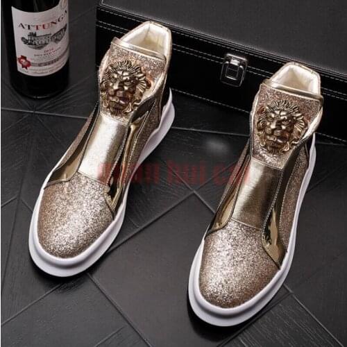 Mens casual boots High quality golden leather loafers with thick low rivets,casual board with High height zapatos sapatos