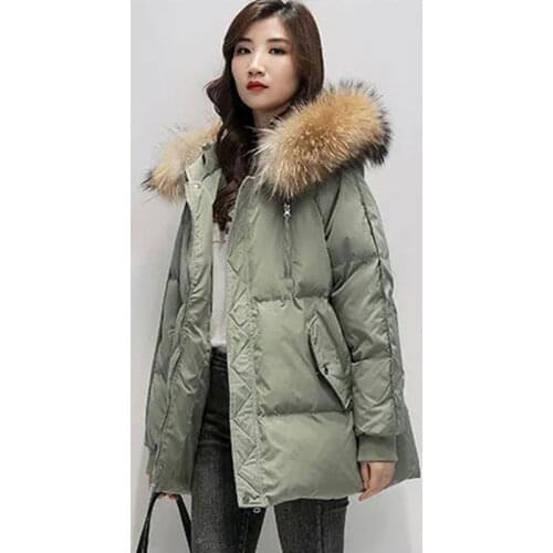 2021 New Real Raccoon Fur Collar Womens Parka Jacket Fashion Hooded Plus Size Jacket Loose Thick Korean Style Elegant Woman Top