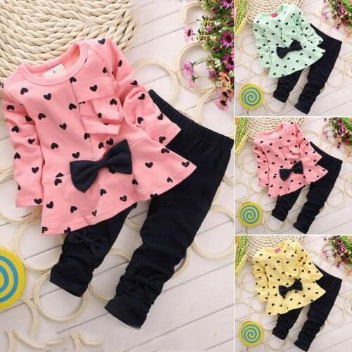 Pudcoco Spring Autumn Kids Baby Girls Heart-shaped Bow SweaterTops+ Pants 2PCS Outfits cotton Clothes
