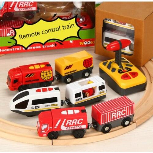 Remote Control RC Electric Small Train Toys Set Connected with Wooden Railway Track Interesting Present for Children