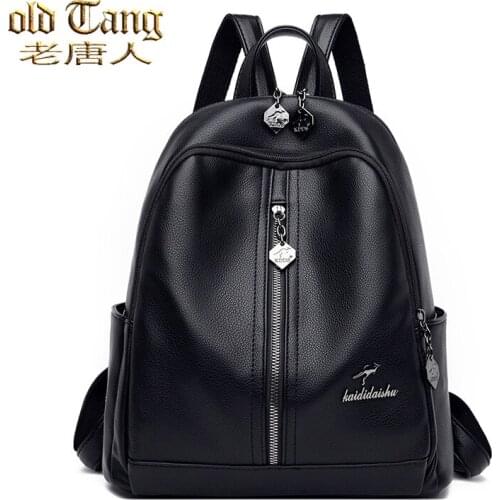 OLD TANG Solid Color Pu Leather Backpacks for Women 2021 High Quality Female Vintage Ladies Travel Backpack Bolsas Feminina