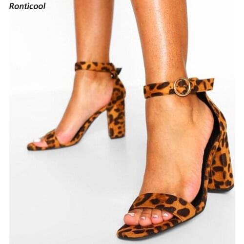 Ronticool Handmade Women Sandals Ankle Strap Artificial Suede Block Heel Round Toe Gorgeous Leopard Party Shoes US Size 5-15