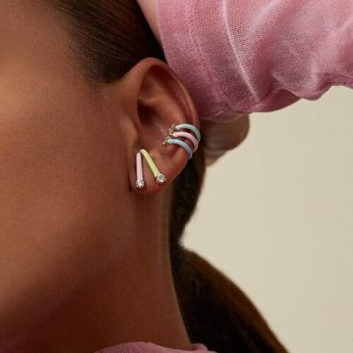 Pastel Enamel Bar Stud Earring Gold Color Single Round CZ Stone Geometric Colorful Summer Fashion Jewelry