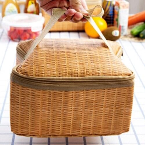 Straw Woven Waterproof Insulated Thermal Bento Bag Insulated Lunch Tote Bag for Travel Picnic Women Lunch Box Natural Pastoral