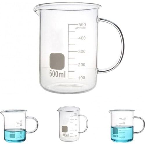 50/100/250/500/1000ml Capacity Lead-free Glass Durable High Temperature Resistant Glass Scale Beaker with Handle for Kitchen