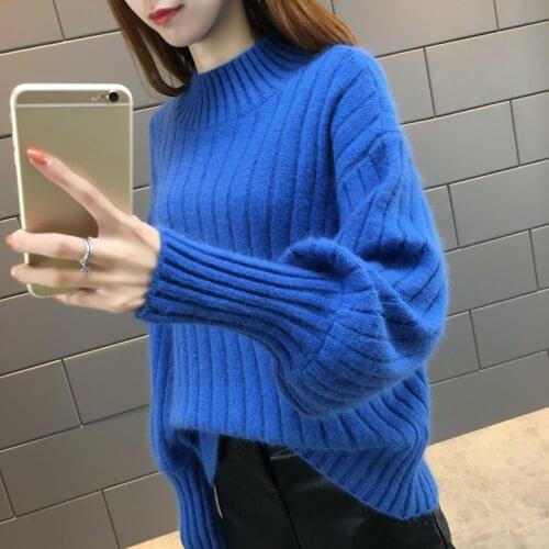 Khaki Sweater Women Autumn Lantern Sleeve Half Turtleneck Knit Pullovers Jumpers Pull femme hiver Short Thicken Knitted Sweater