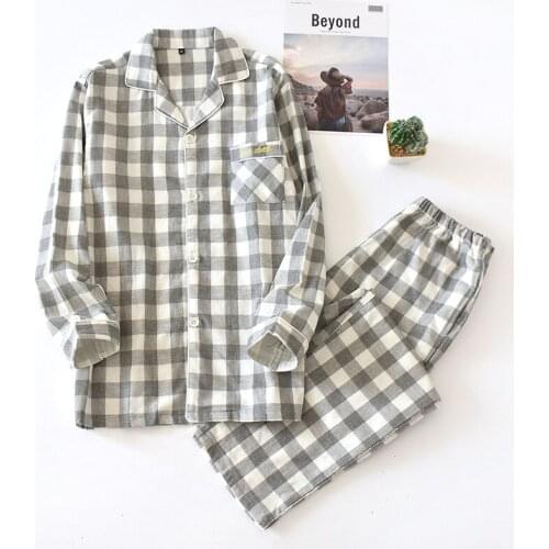 Spring Couple Cotton Long-Sleeved Pajamas Turn-down Collar Plaid Printing Sleepwear Men and Women Home Clothes 2 Piece Sleep Set