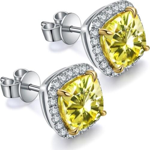 Zhanhao Jewelry 2021 4.00ct/p 18K Gold Cushion Shape Yellow Color Moissanite Earrings Simple Design Stud Factory Direct Sale
