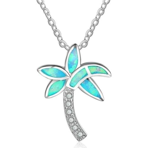 Fashion Blue Fire Opal Beach Coconut Tree Chain Pendant Necklace Women Palm Wedding Necklaces Summer Style Boho Jewelry
