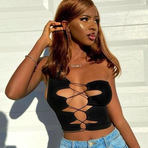 Hollow Out Bandage Sexy Summer Crop Top Sleeveless Backless One Shoulder Women T-shirt Black Sexy Clubwear Vest Tops