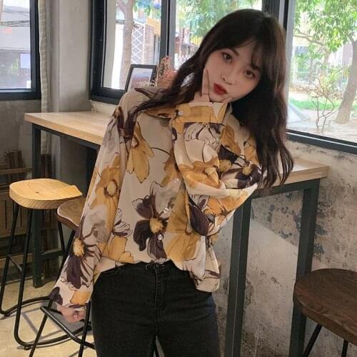 Blouse Women Shirt 2021 Spring Autumn Casual Polo Collar Chiffon Printed Loose Long Sleeves Flower Girl Blusas Mujer De Moda